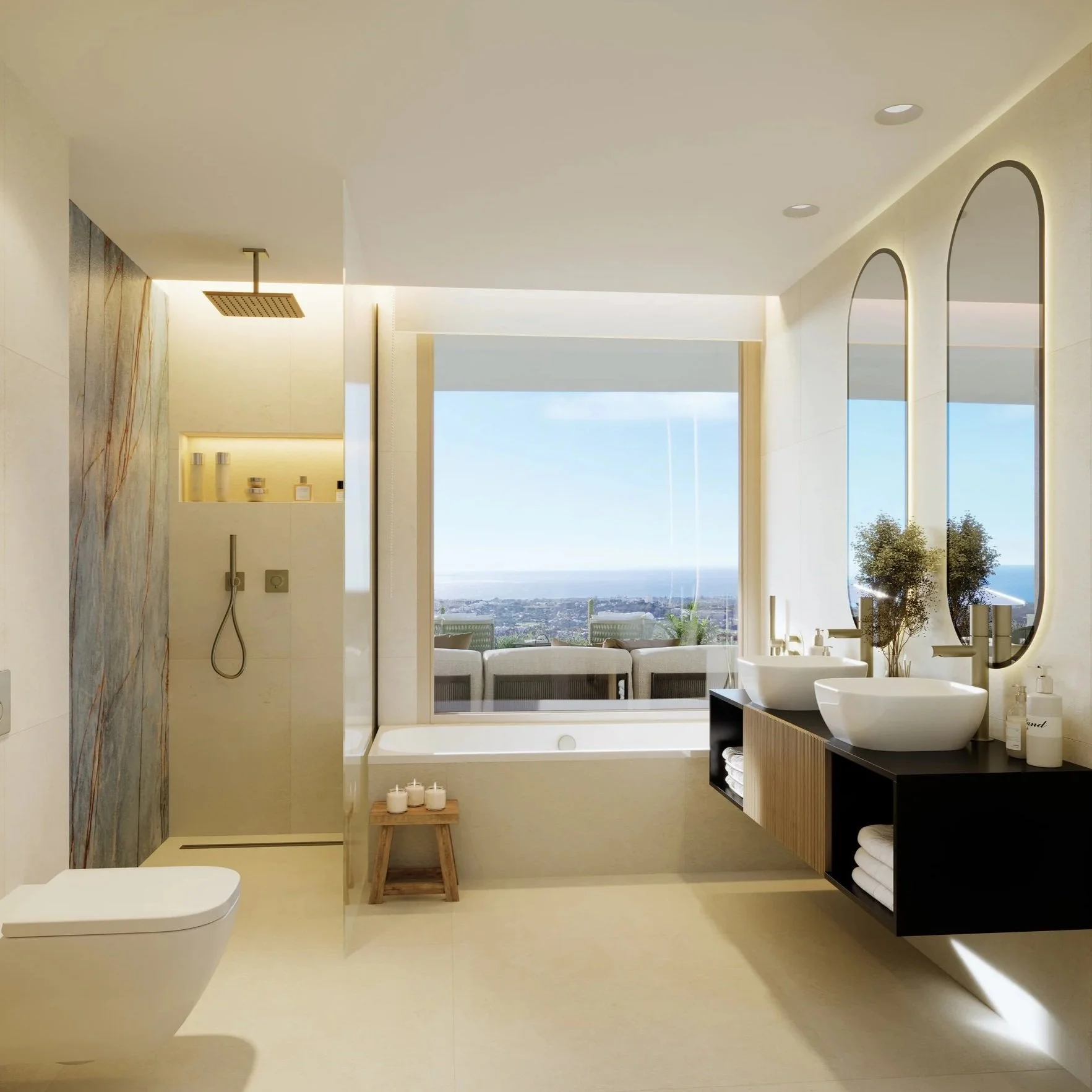 Luxury modern bathroom in Marbella apartment with double sinks and large window view