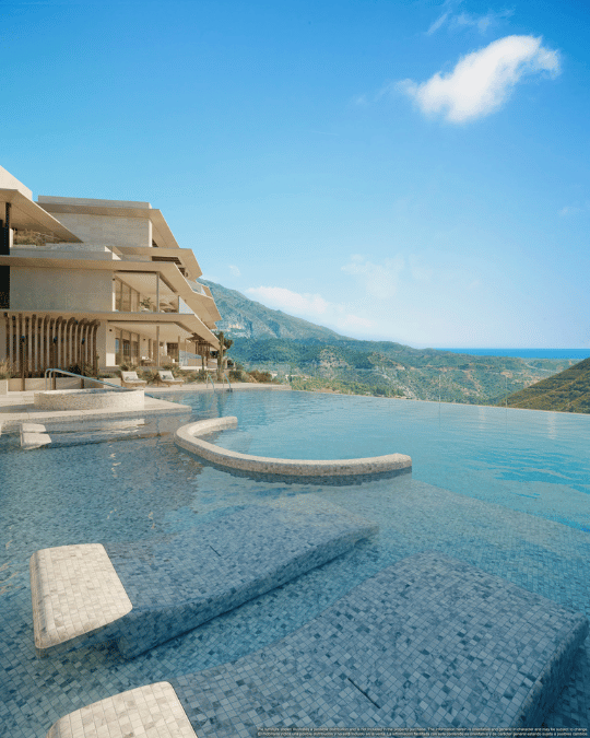 Luxury infinity pool in La Quinta Marbella overlooking mountains and sea