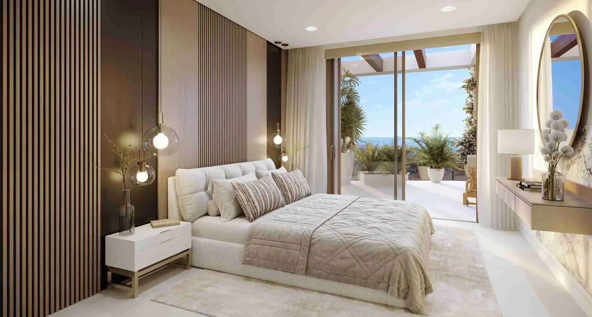 Modern bedroom in La Quinta Marbella apartment with ocean view balcony and beige décor