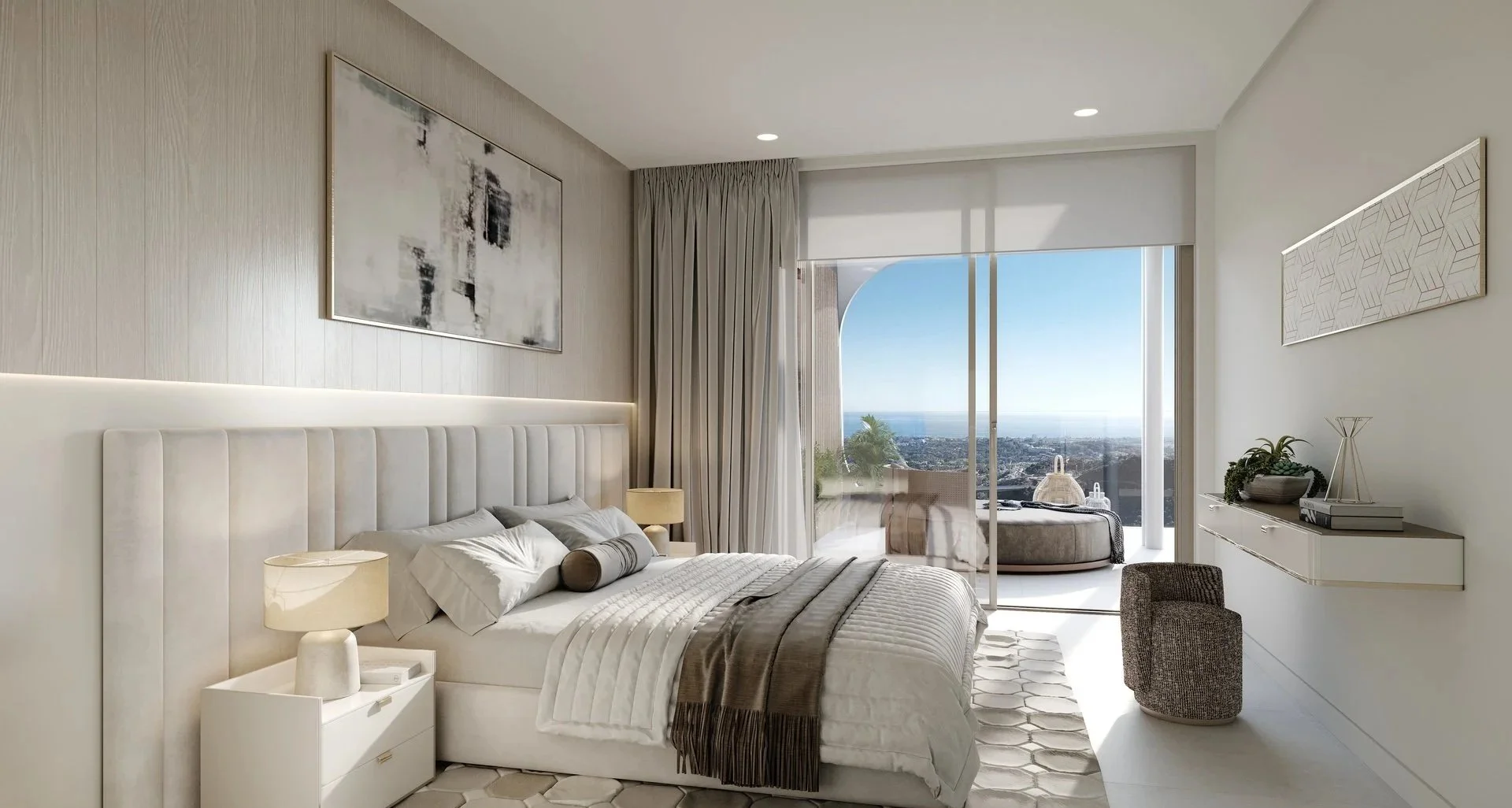 Modern bedroom in La Quinta Marbella apartment with balcony and sea views