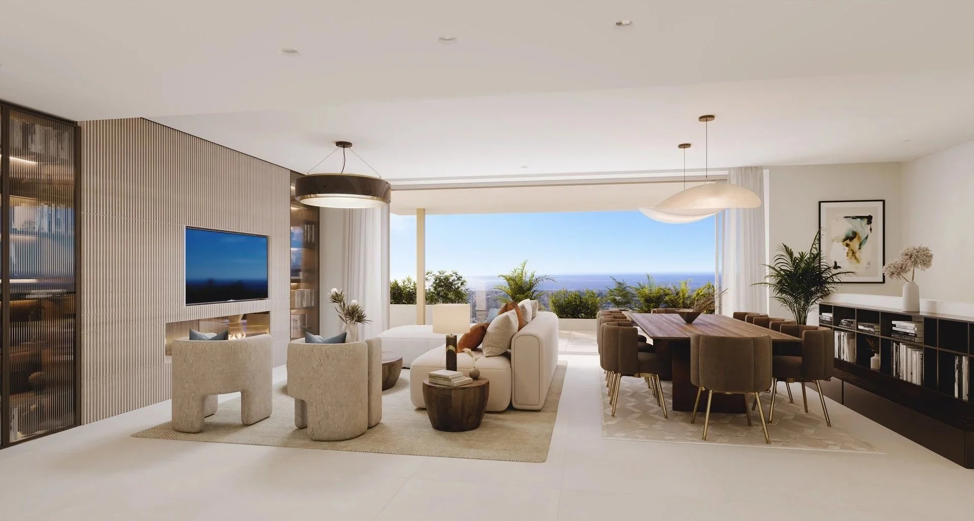 Open-plan living and dining room in luxury La Quinta apartment with ocean view balcony