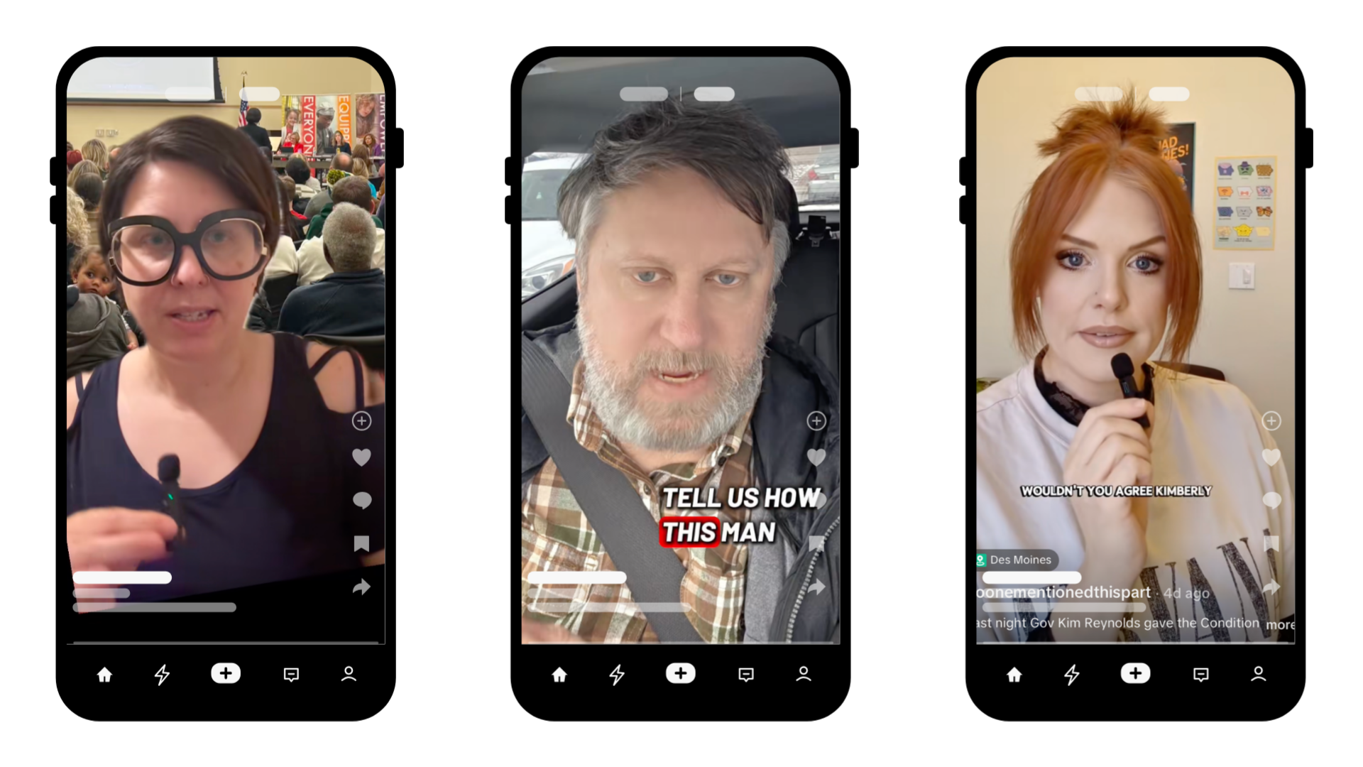 Three TikTok videos displayed side by side on a phone screen, featuring a woman with glasses speaking in a classroom, a man with gray hair and a beard talking in a car, and a woman with red hair holding a microphone in an office.