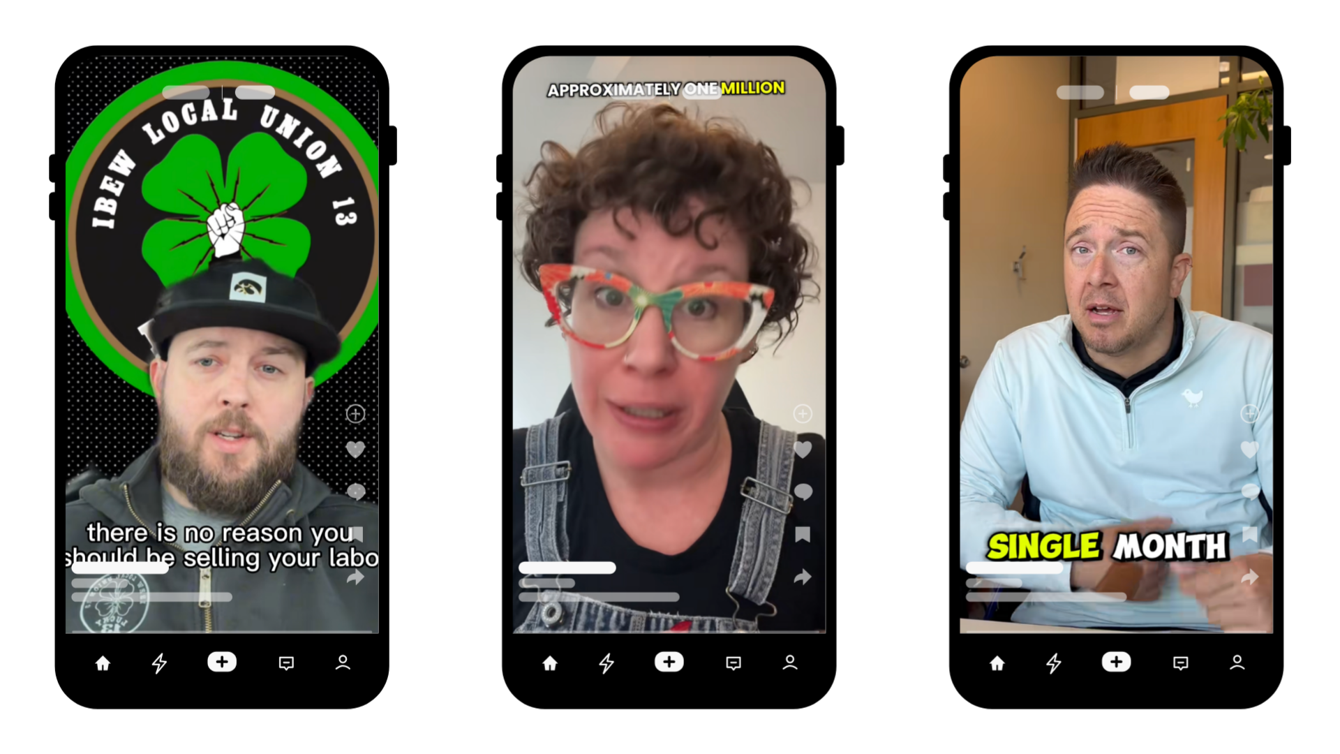 Screenshot of three people in a video call on a social media app, with various text overlays. The first person has a logo behind them with a green four-leaf clover and a raised fist, and the text says, 'there is no reason you should be selling your labo.' The second person is a woman with curly hair and colorful glasses, with the text 'APPROXIMATELY ONE MILLION.' The third person is a man in a white jacket with the word 'SINGLE' above 'MONTH' in yellow and white text.