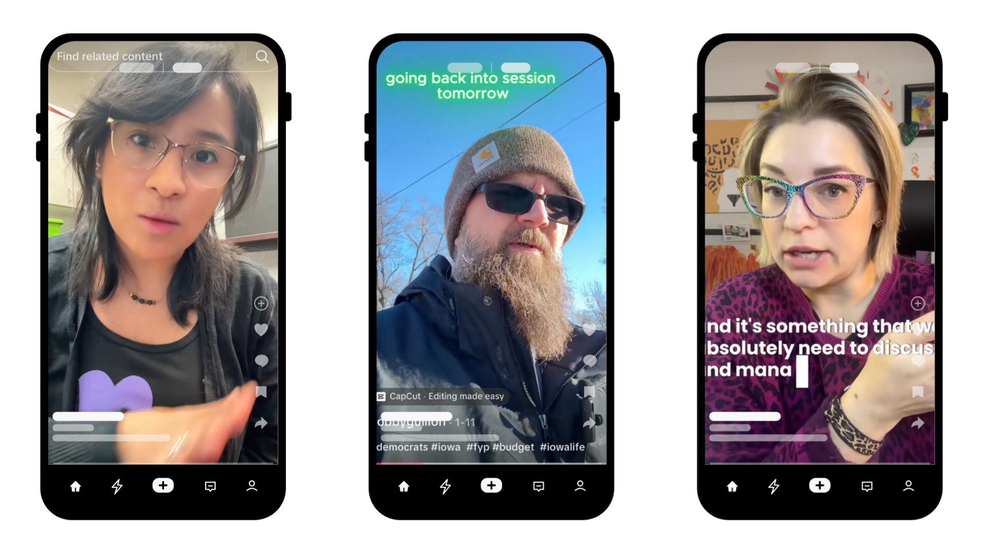 Three people on TikTok videos, left and right women speaking and middle man outdoors in winter wearing sunglasses and beanie, with text overlays.