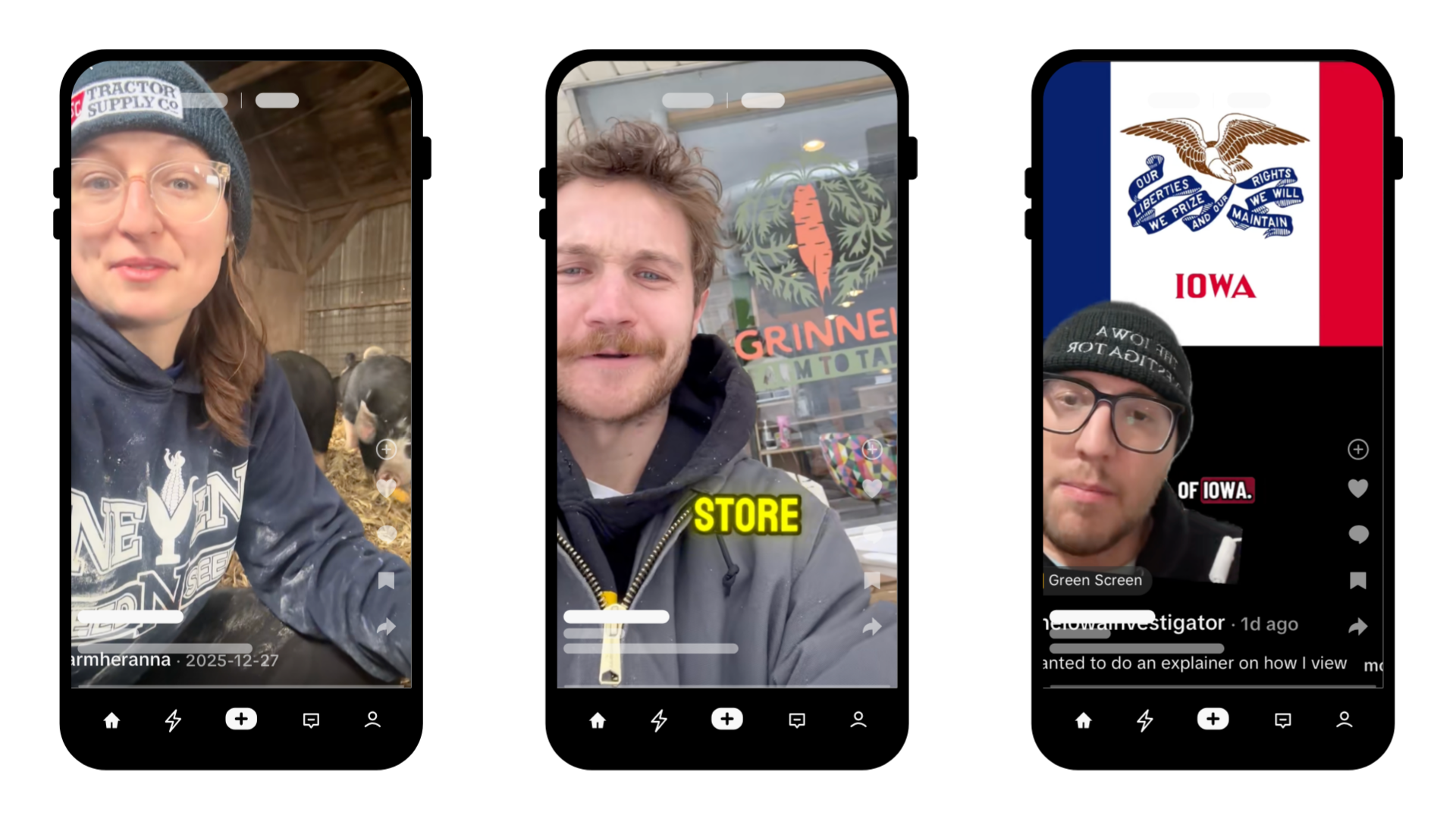 Screenshot of three people on a mobile app, with the first person in a barn with cattle, the second person outside a store with a sign reading "GRINNE!" and the third person in front of a flag of Iowa, with their photographs partly obscured and various app icons visible at the bottom.