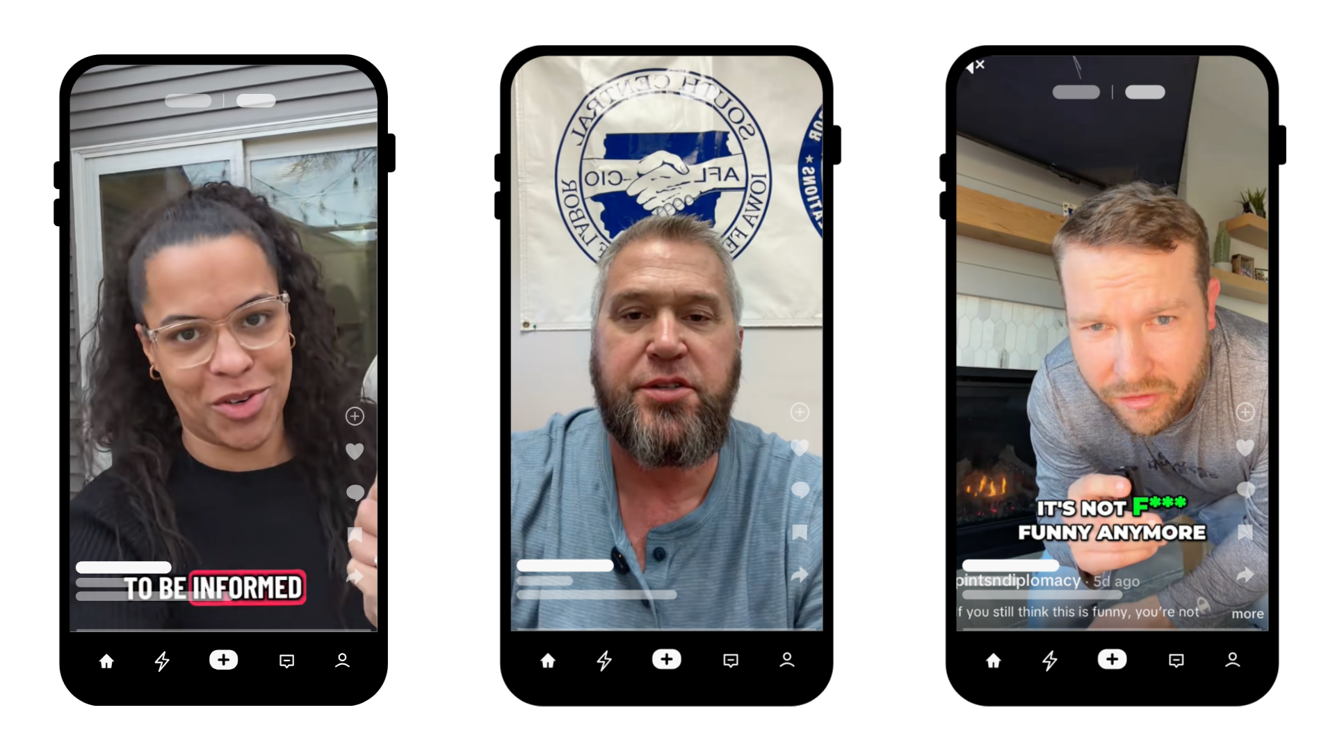 Three people appear on a video call on a smartphone screen. The first person is a woman with curly hair and glasses, wearing a black top, standing outdoors. The second person is a man with a beard, sitting in a room with a 'South Central' sign on the wall behind him. The third person is a man with short brown hair, indoors near a fireplace, holding a phone and looking at the camera.