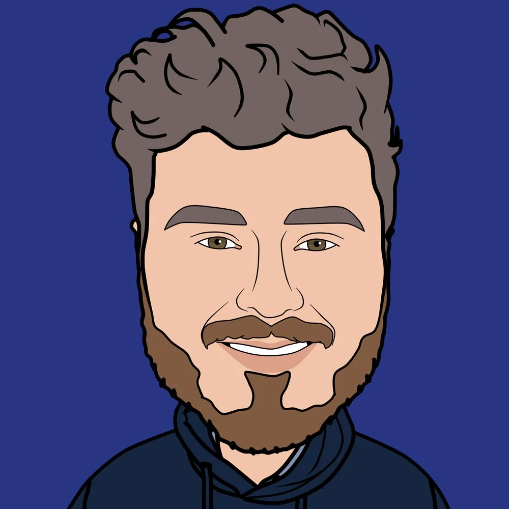 Cartoon illustration of a young man with curly hair, beard, and mustache, smiling, wearing a hoodie, against a solid blue background.