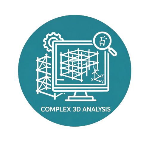Graphic illustration showing a computer monitor with a complex 3D structural analysis model, a magnifying glass, and gears, labeled 'Complex 3D Analysis'.