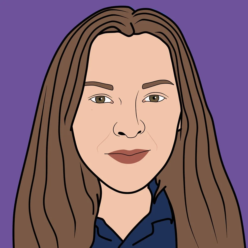 A cartoon illustration of a woman with long brown hair, light skin, and wearing a dark blue top against a purple background.