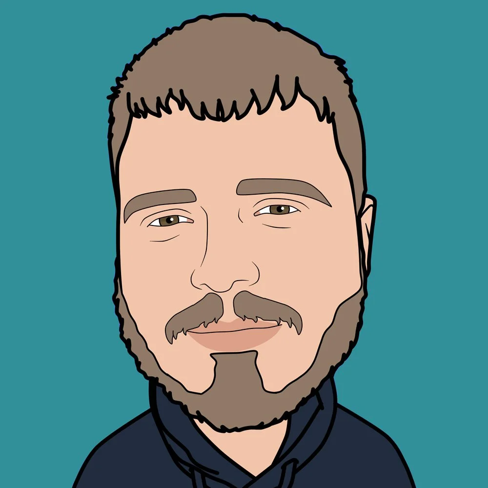 A cartoon illustration of a young man with a beard and mustache, short brown hair, and wearing a dark hoodie against a teal background.