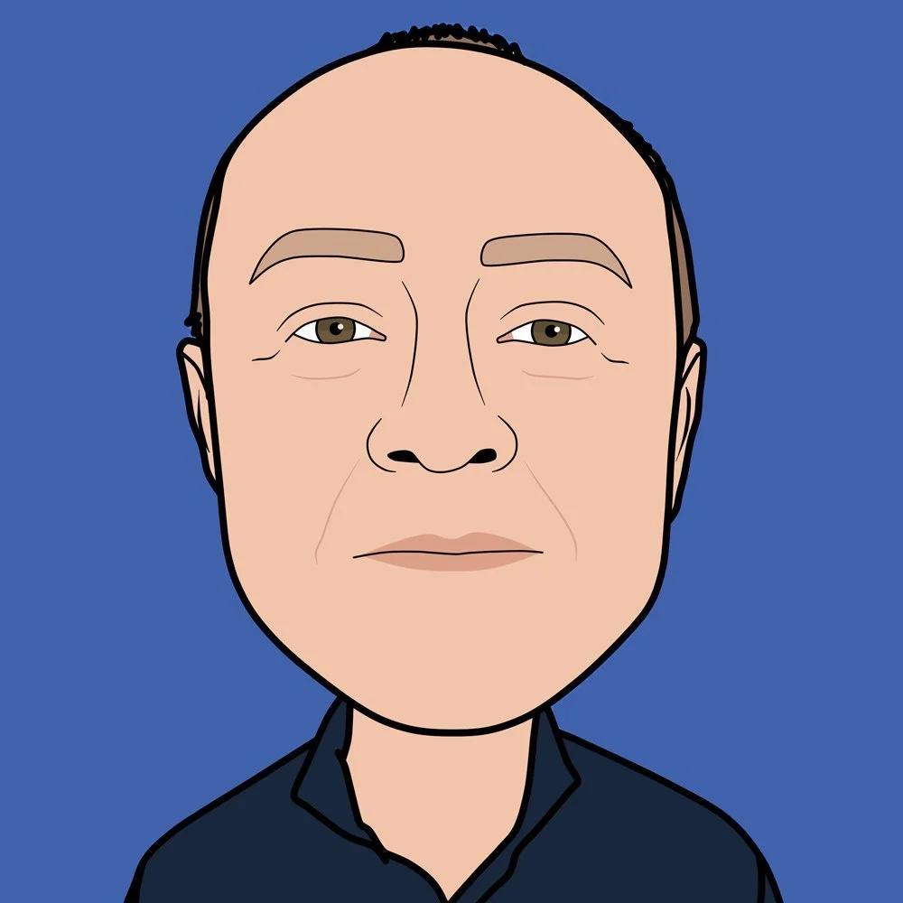 Cartoon portrait of a middle-aged man with light skin, short dark hair, and wearing a dark collar shirt, set against a plain blue background.