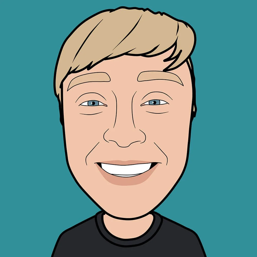 Digital cartoon of a smiling man with light brown hair, blue eyes, wearing a black shirt, with a teal background.