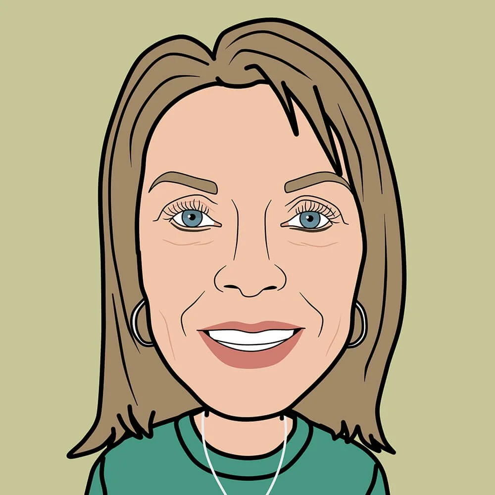 Cartoon portrait of a woman with shoulder-length light brown hair, blue eyes, hoop earrings, wearing a green top and a necklace.