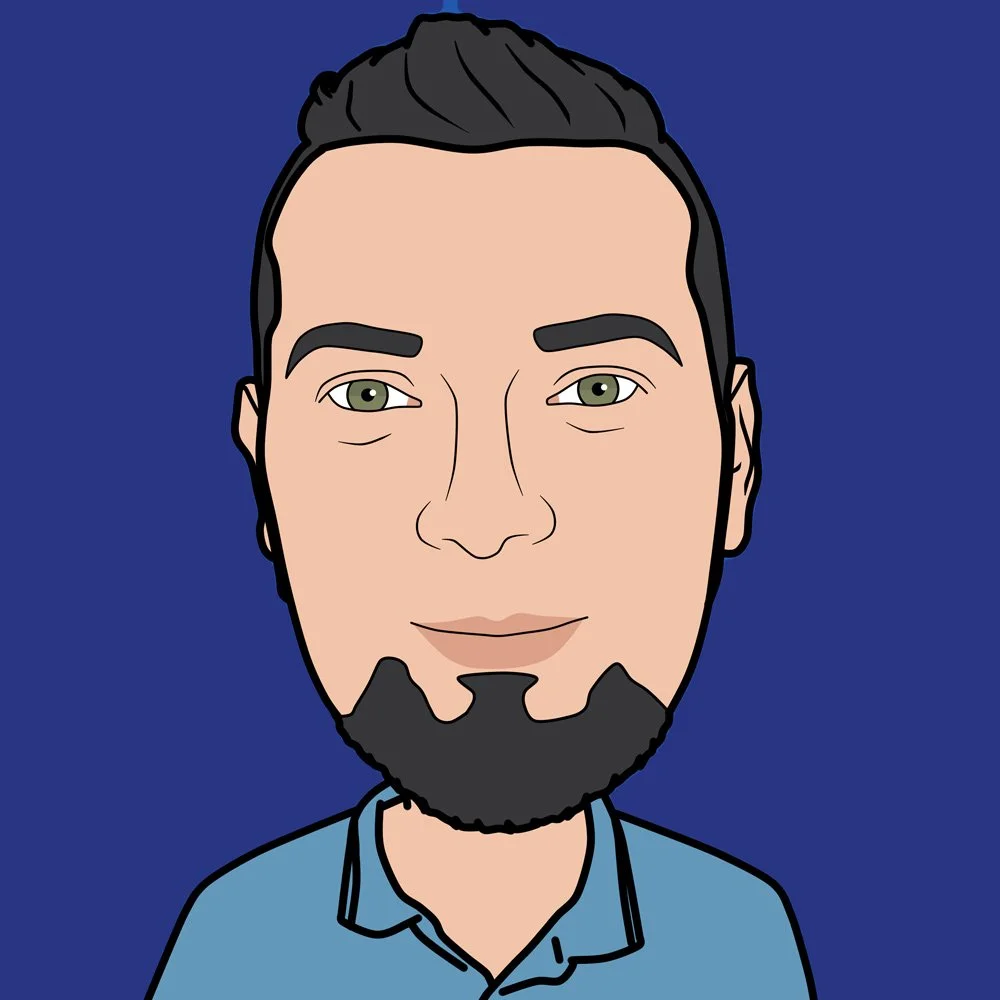 A cartoon illustration of a man with short dark hair, a beard, light green eyes, wearing a blue shirt, against a dark blue background.