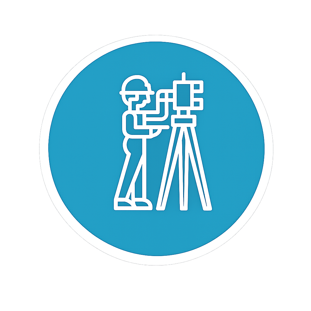 Icon of a person operating a theodolite or survey equipment on a tripod, in white outline on a blue circle background.