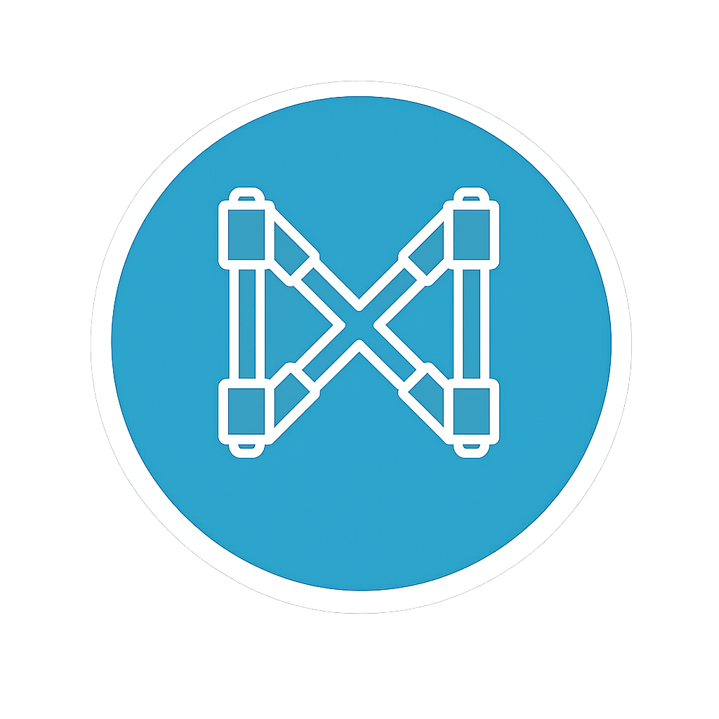 Blue circular safety sign with a white symbol of a scaffold structure.