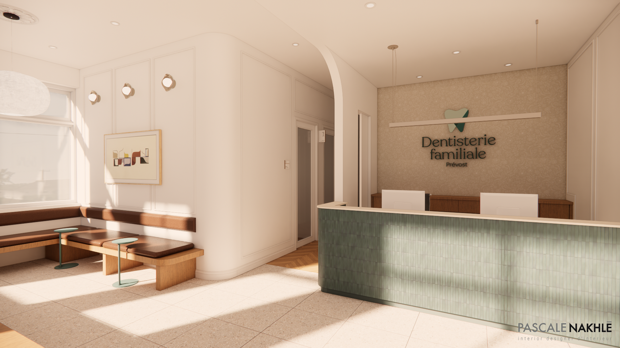 Représentation intérieure d'une salle d'attente avec un comptoir d'accueil pour une dentisterie familiale, murs blancs, un coin salon avec banquette en bois et coussins marron, et une porte menant à une autre pièce.
