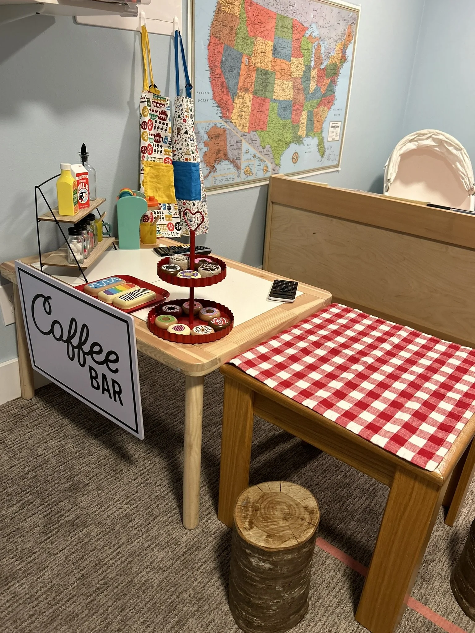 A play coffee bar at Beaumont Children's Center bilingual Chinese preschool in Portland, Oregon