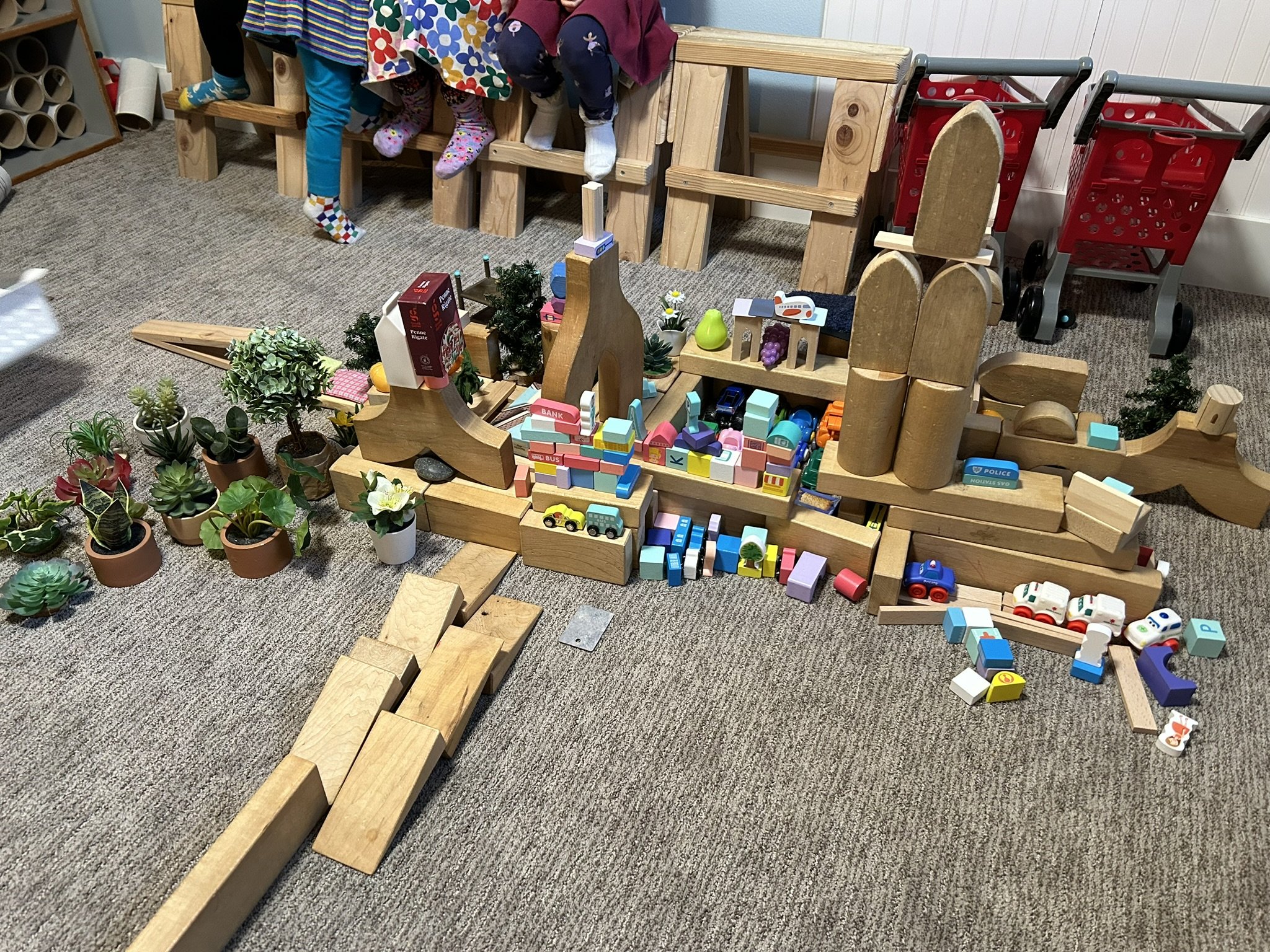 Blocks and fake potted plants at Beaumont Children's Center bilingual Chinese preschool in Portland, Oregon