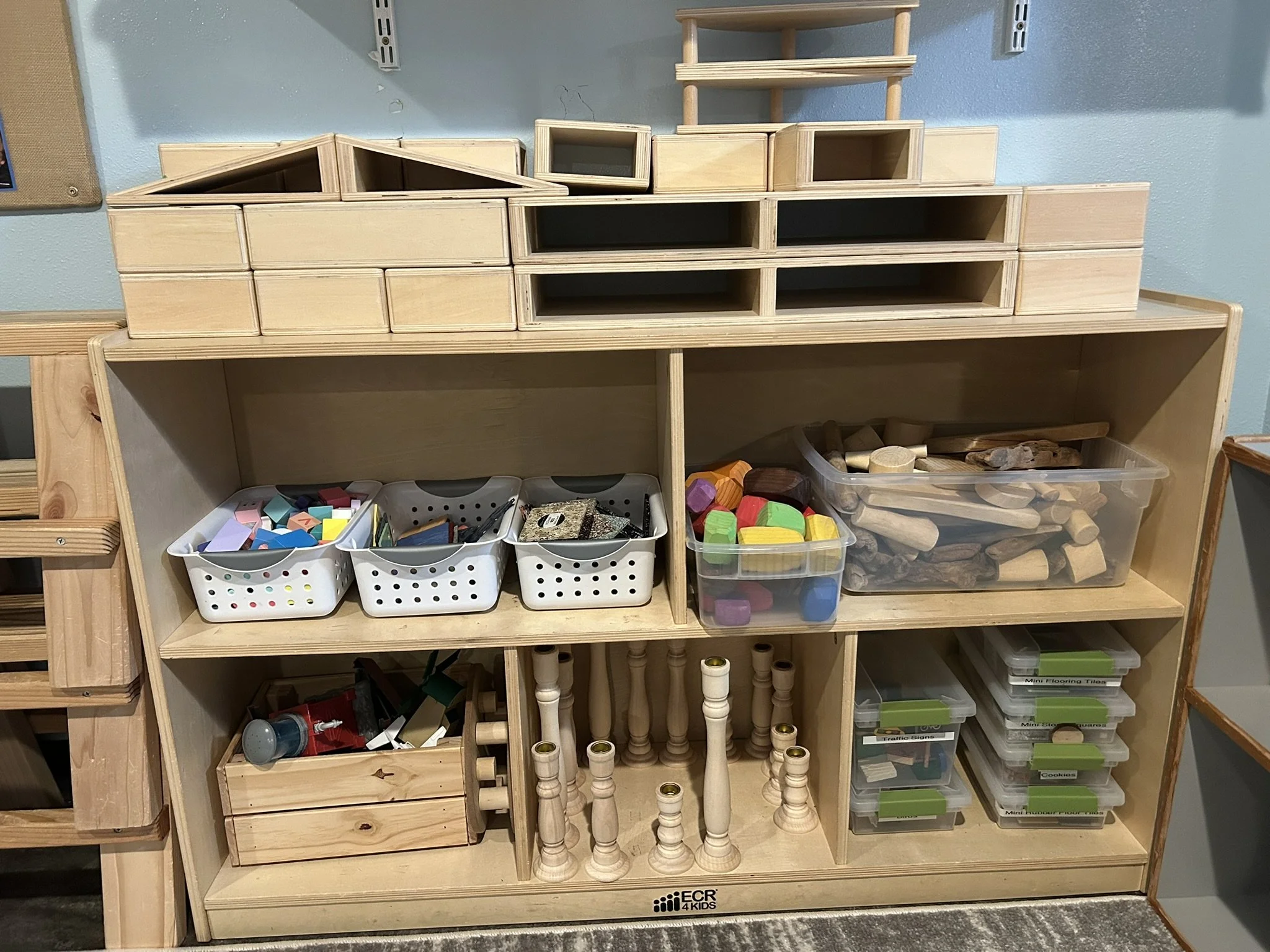 Blocks on a shelft at Beaumont Children's Center bilingual Chinese preschool in Portland, Oregon