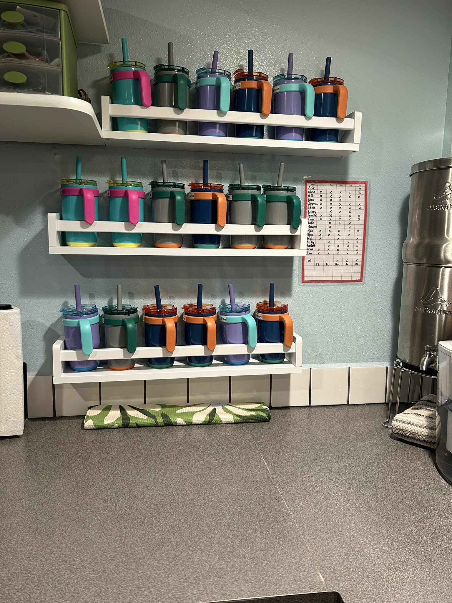 Children's cup storage at Beaumont Children's Center bilingual Chinese preschool in Portland, Oregon