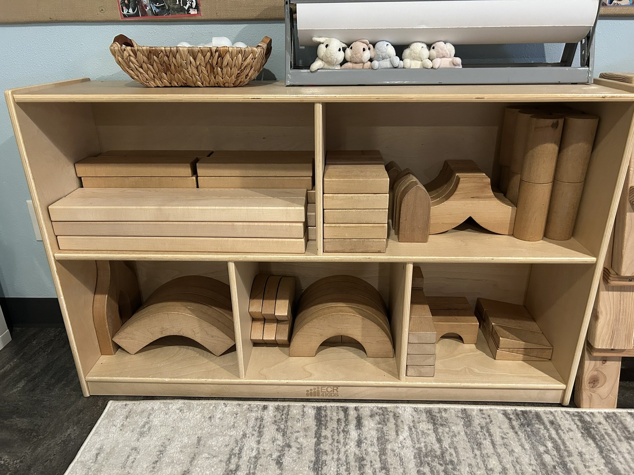Blocks on a shelf at Beaumont Children's Center bilingual Chinese preschool in Portland, Oregon
