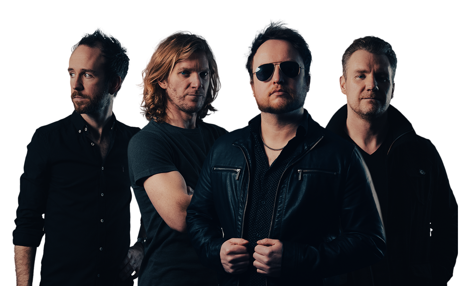 A band of four men standing together in dark clothing, with the man in the center wearing sunglasses and a leather jacket, against a dark background with neon elements.