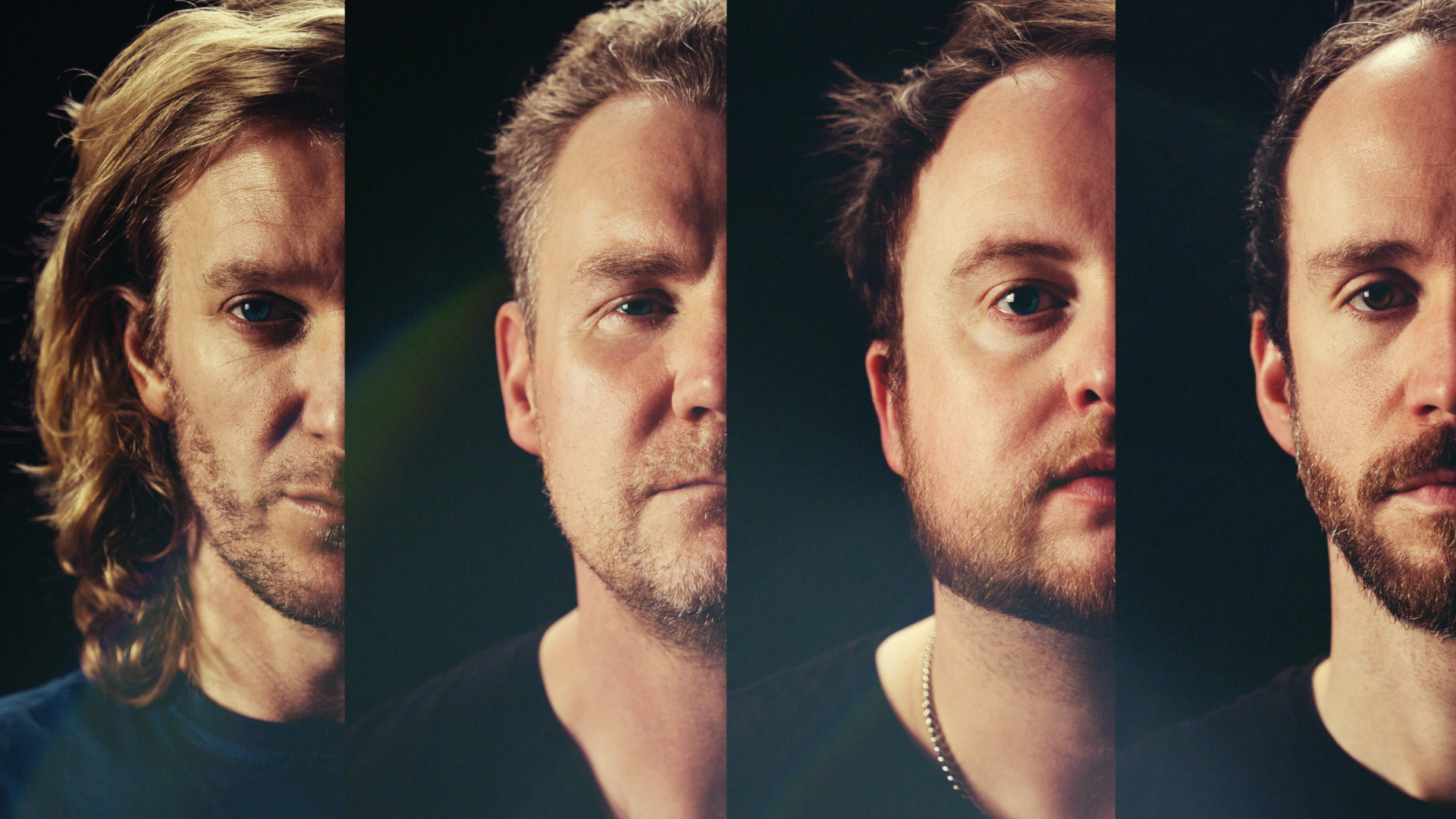 Four close-up portraits of men with diverse appearances, aligned side by side, showing different hair styles and facial features.
