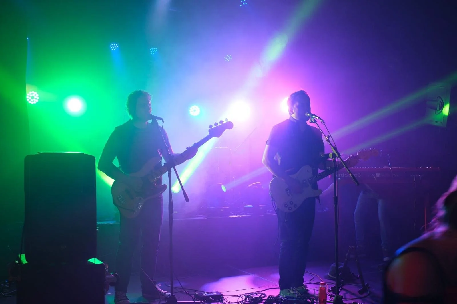 Two musicians performing on stage with colorful lighting and fog effects, playing electric guitars and singing into microphones.