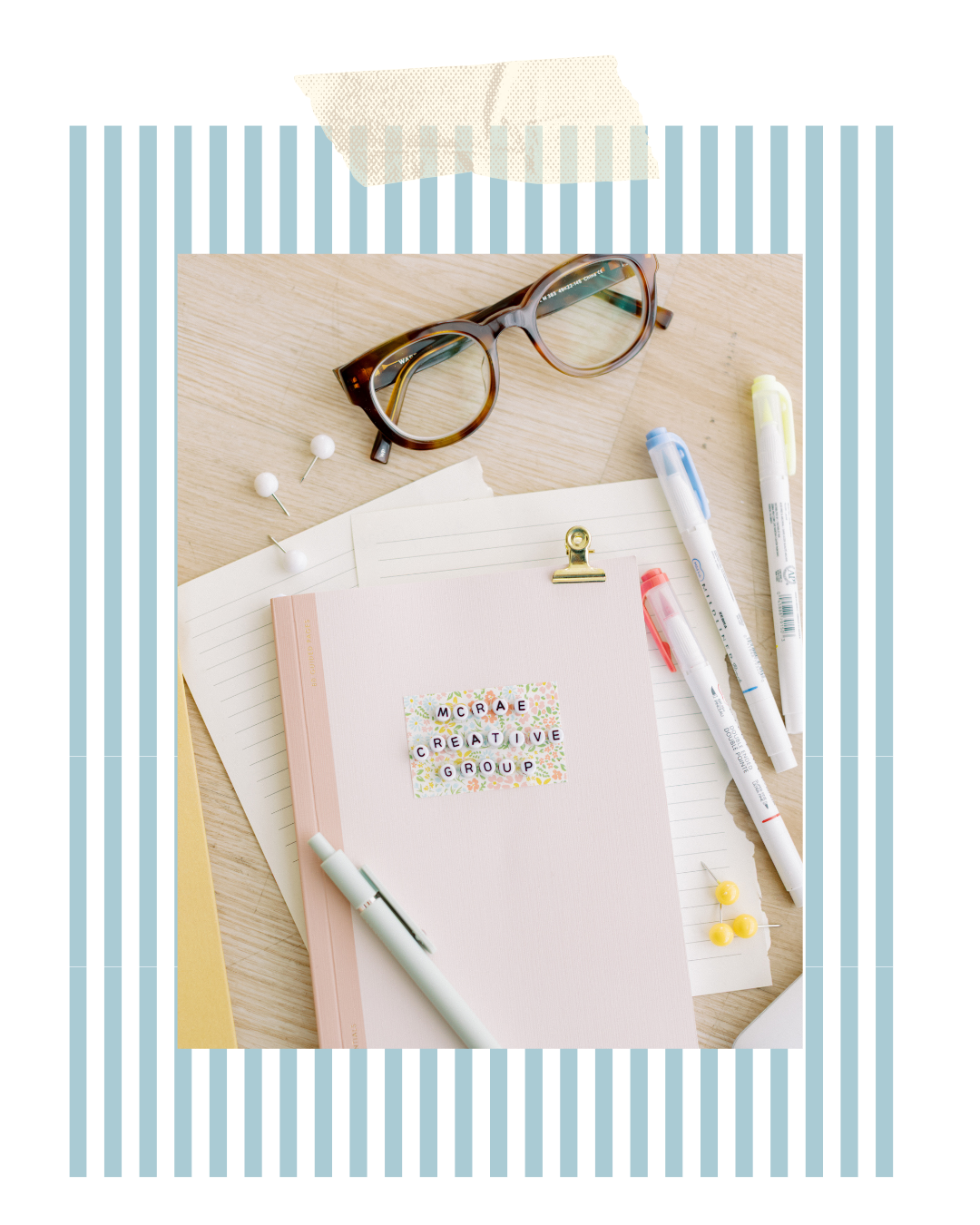 mcrae creative group creative desk flat lay notebook stationery