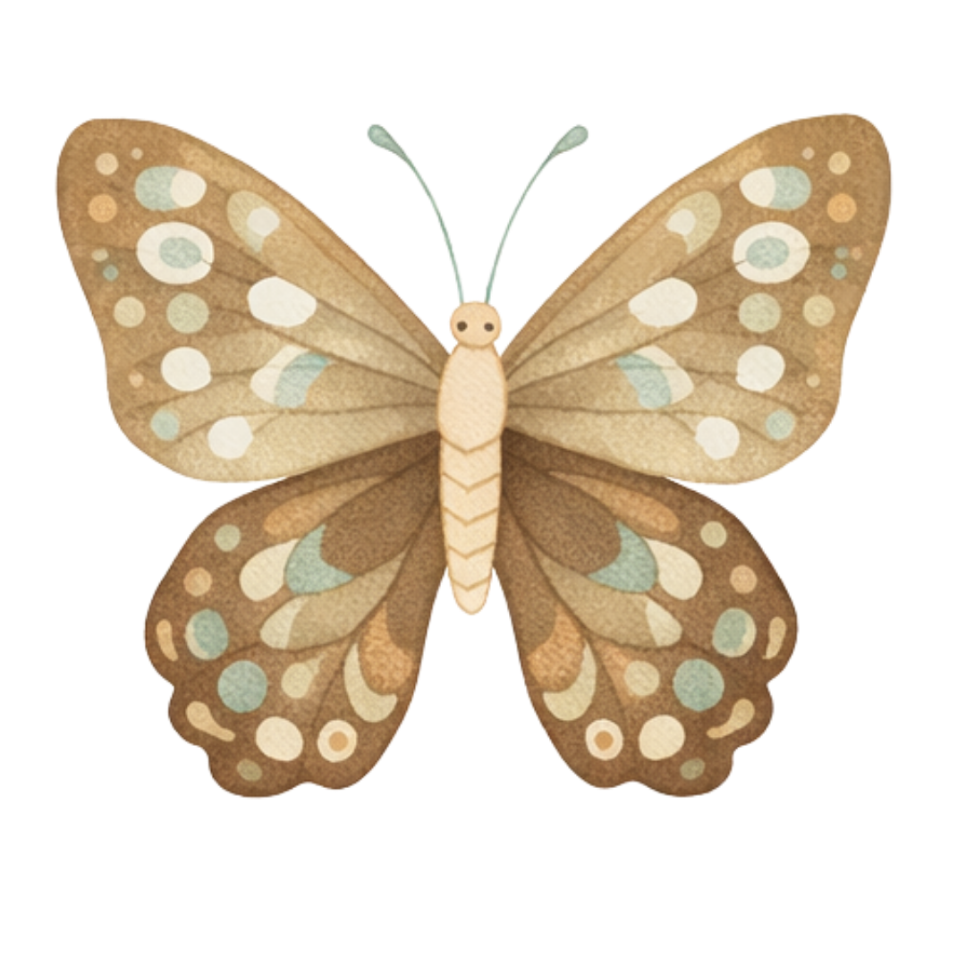 Illustrated butterfly with beige and brown wings decorated with white and light blue spots, and a light beige body with a small, round head and long antennae.