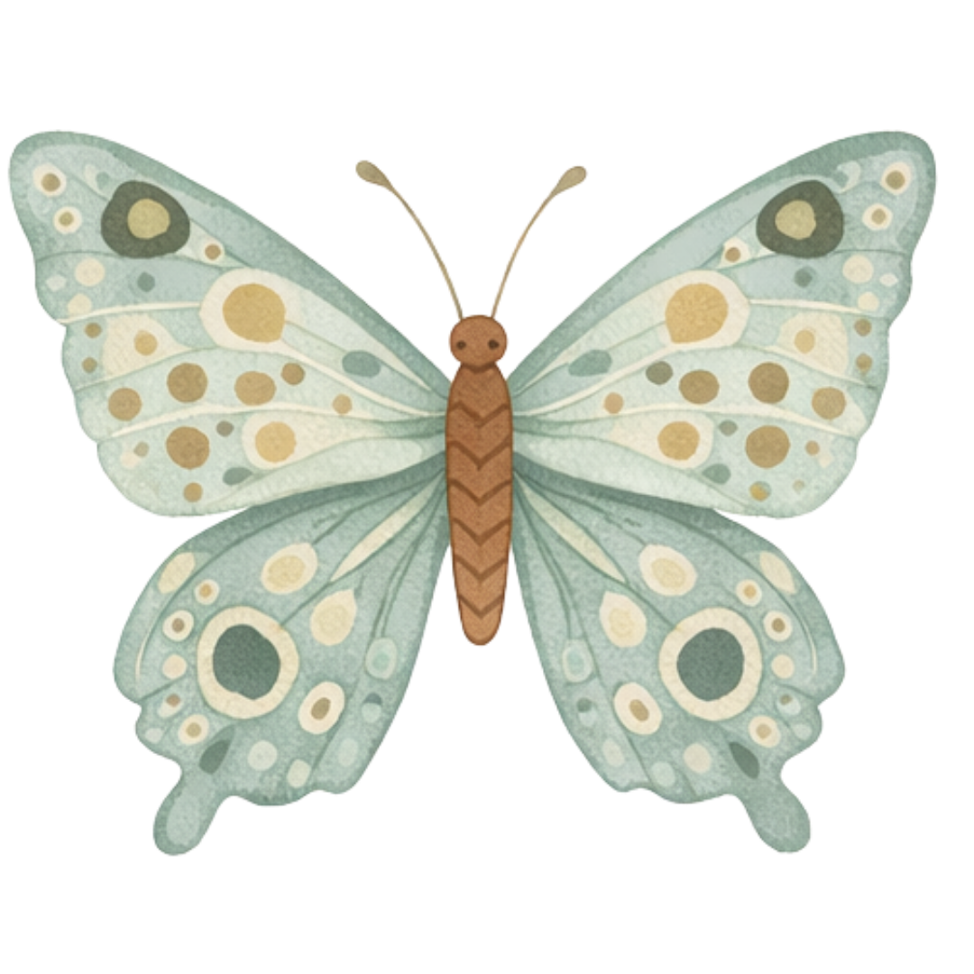 A detailed illustration of a butterfly with light blue and beige-spotted wings and a brown body.