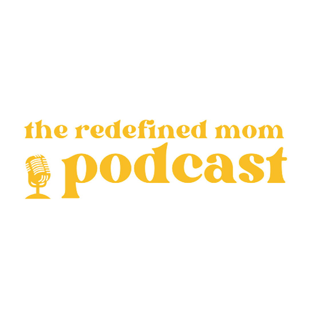 Logo for the Redefined Mom Podcast in yellow font with a microphone icon.