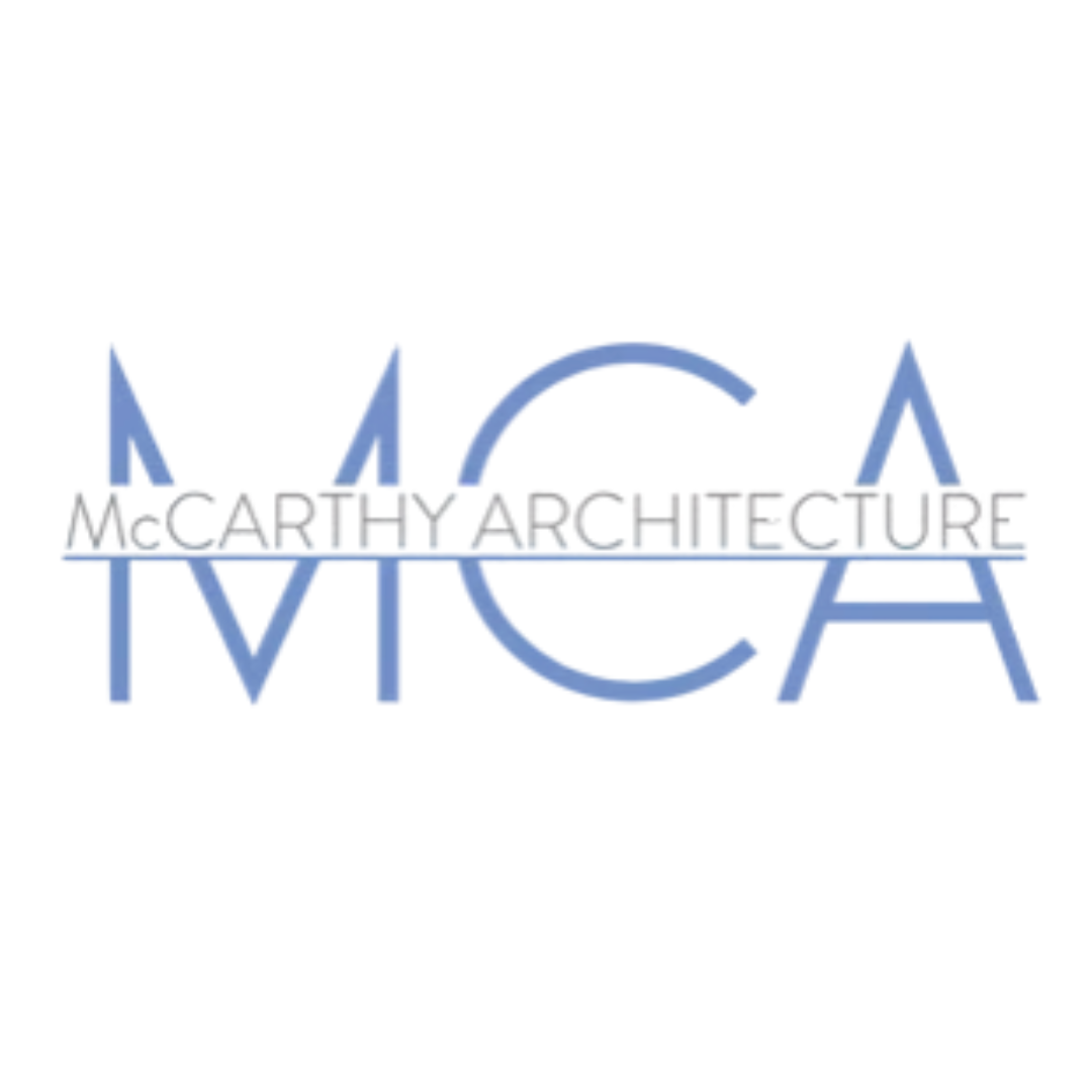 Logo for McCarthy Architecture featuring large blue letters MC A with the company name overlaid