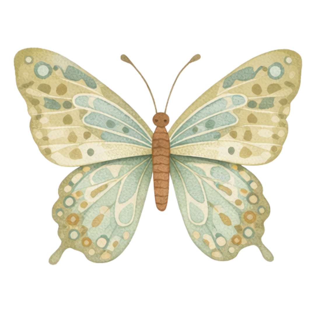 Illustration of a butterfly with beige, light blue, and orange patterns on its wings.