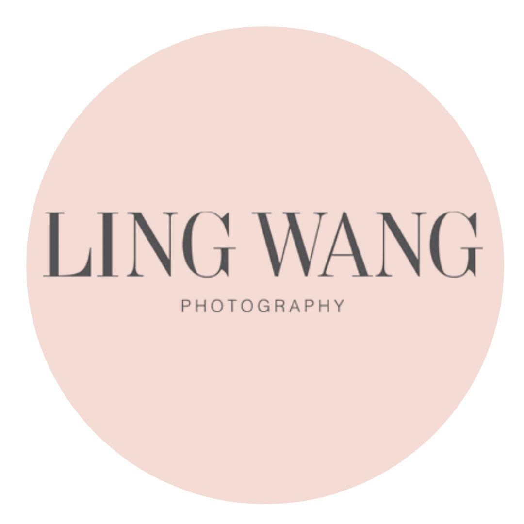 Logo for Ling Wang Photography with a pale pink circular background and black text.