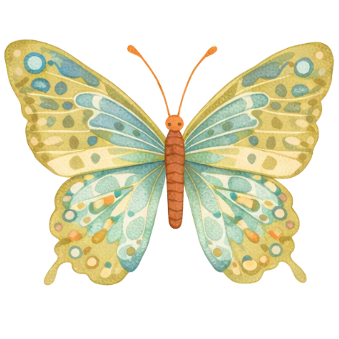 Colorful butterfly with yellow, blue, and orange pattern wings and brown body.