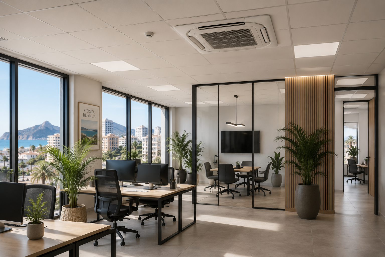 Modern office space with multiple desks, black office chairs, monitors, and potted plants. Large windows reveal a cityscape with buildings, palm trees, and mountains in the background.