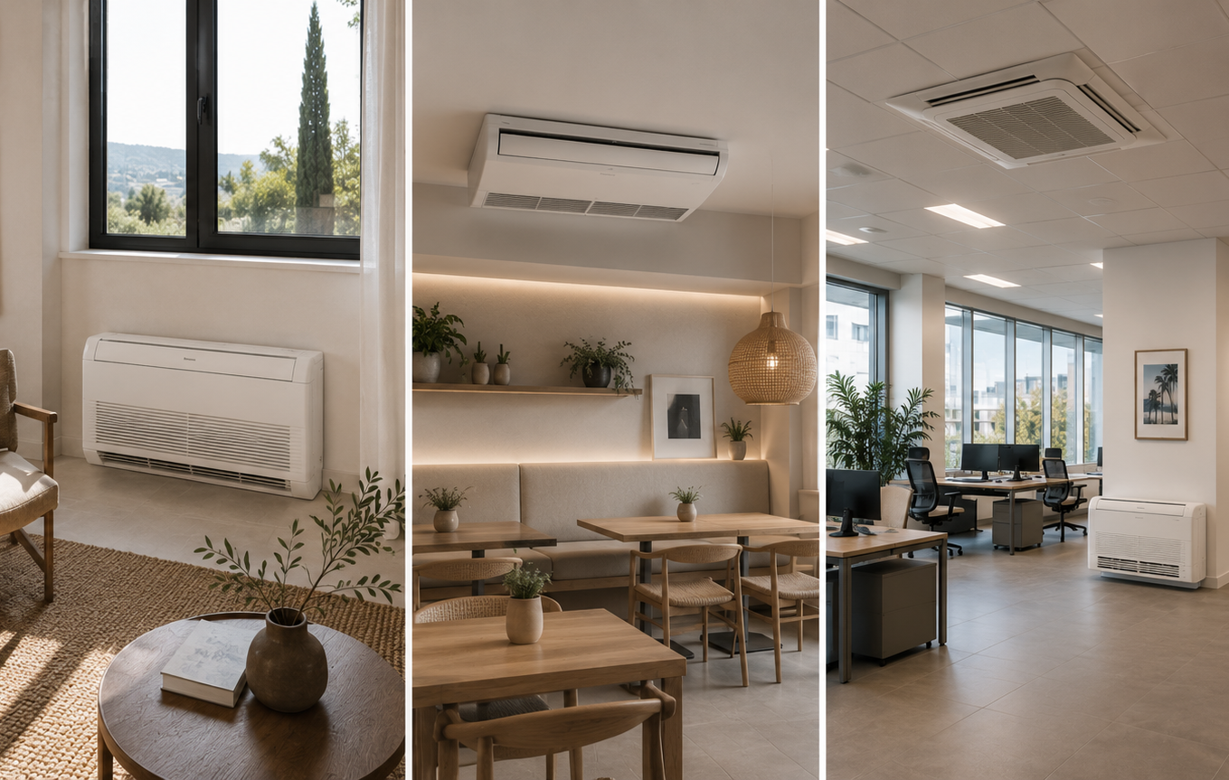 Indoor space with large windows, offices, and a sitting area featuring air conditioning units.
