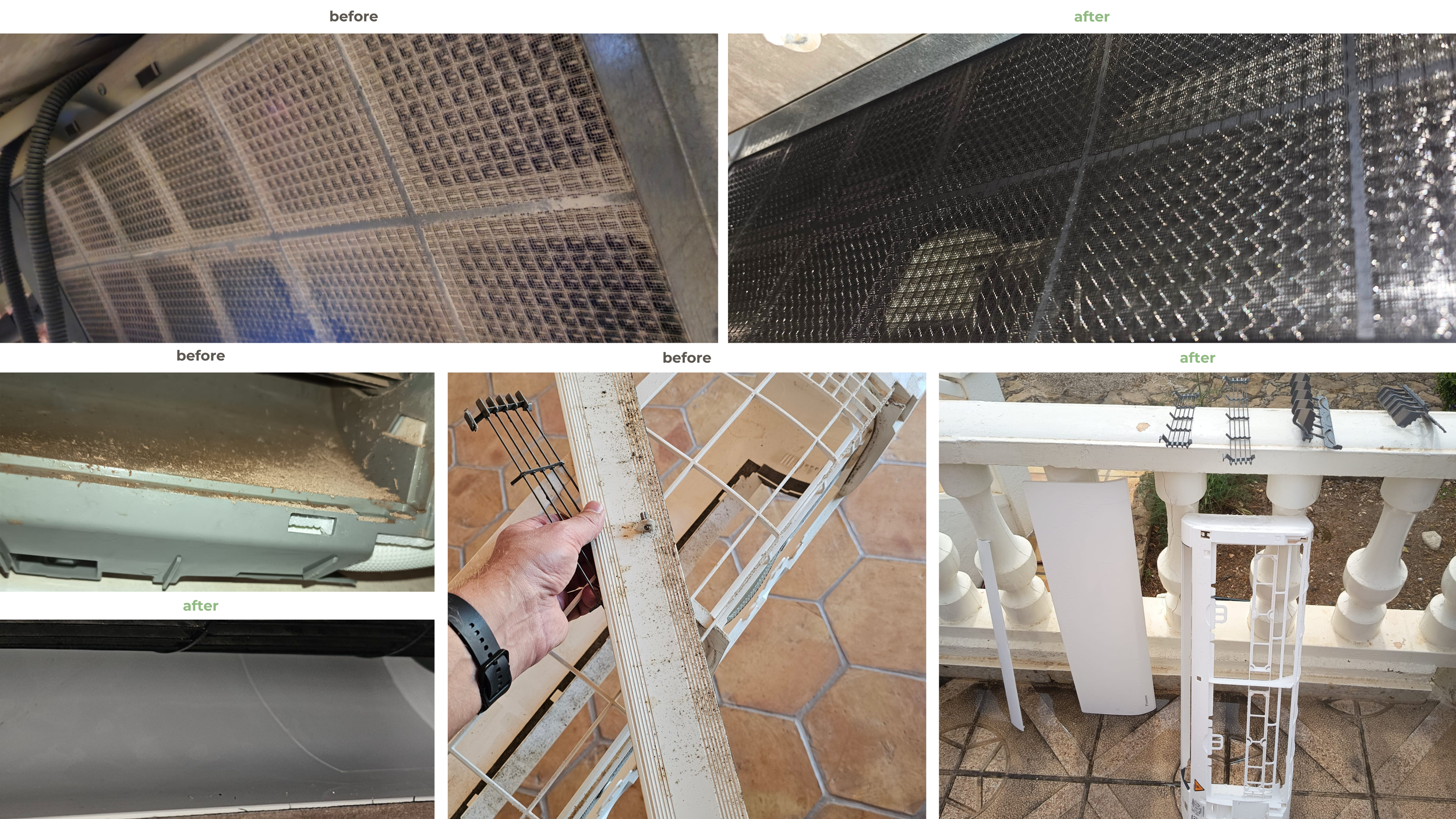 Comparison of air conditioner filters before and after cleaning, showing a dirty filter on the left and a clean filter on the right.