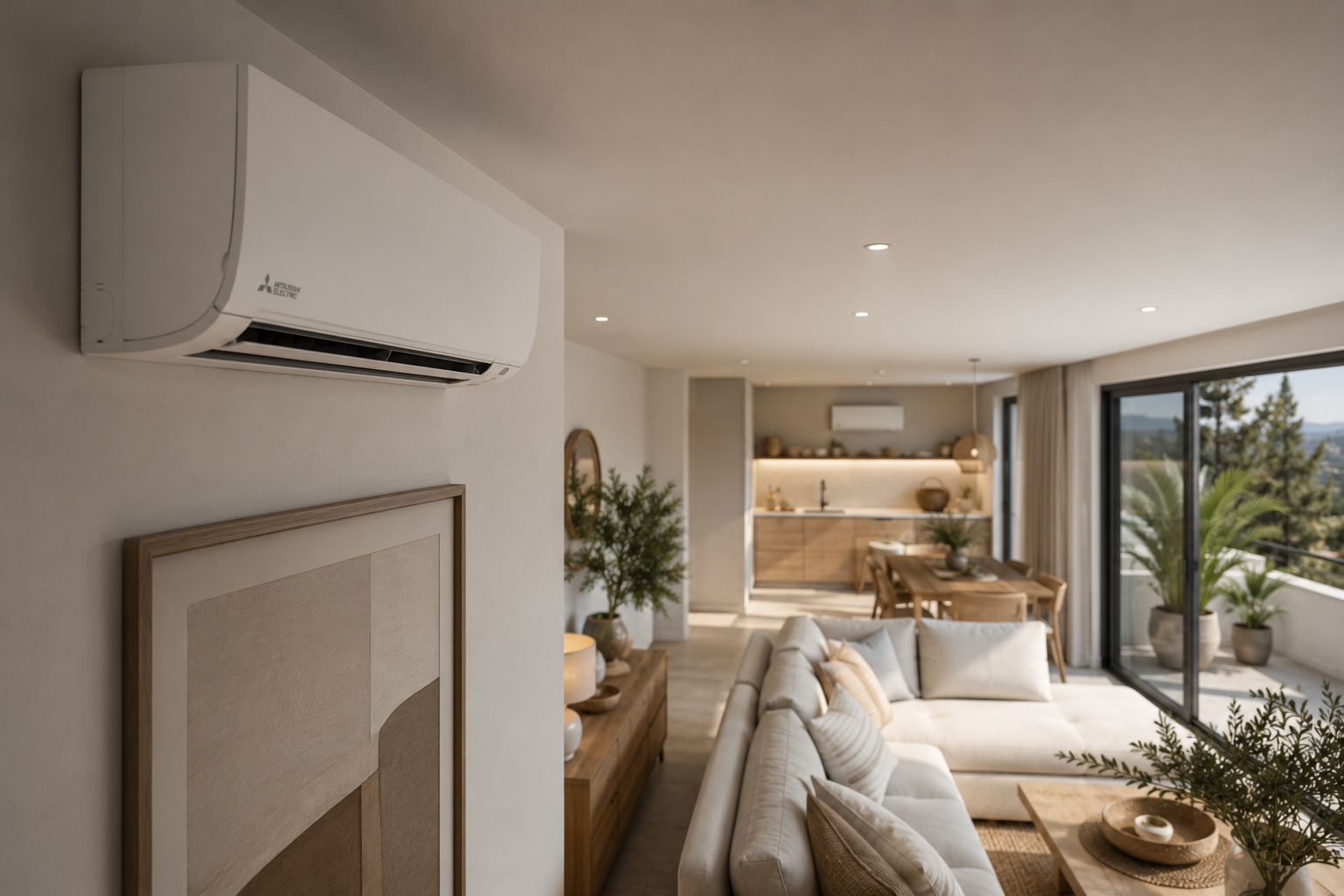 Modern living room with air conditioner, beige sofa, wooden dining table, and large sliding glass doors leading to a balcony with potted plants.
