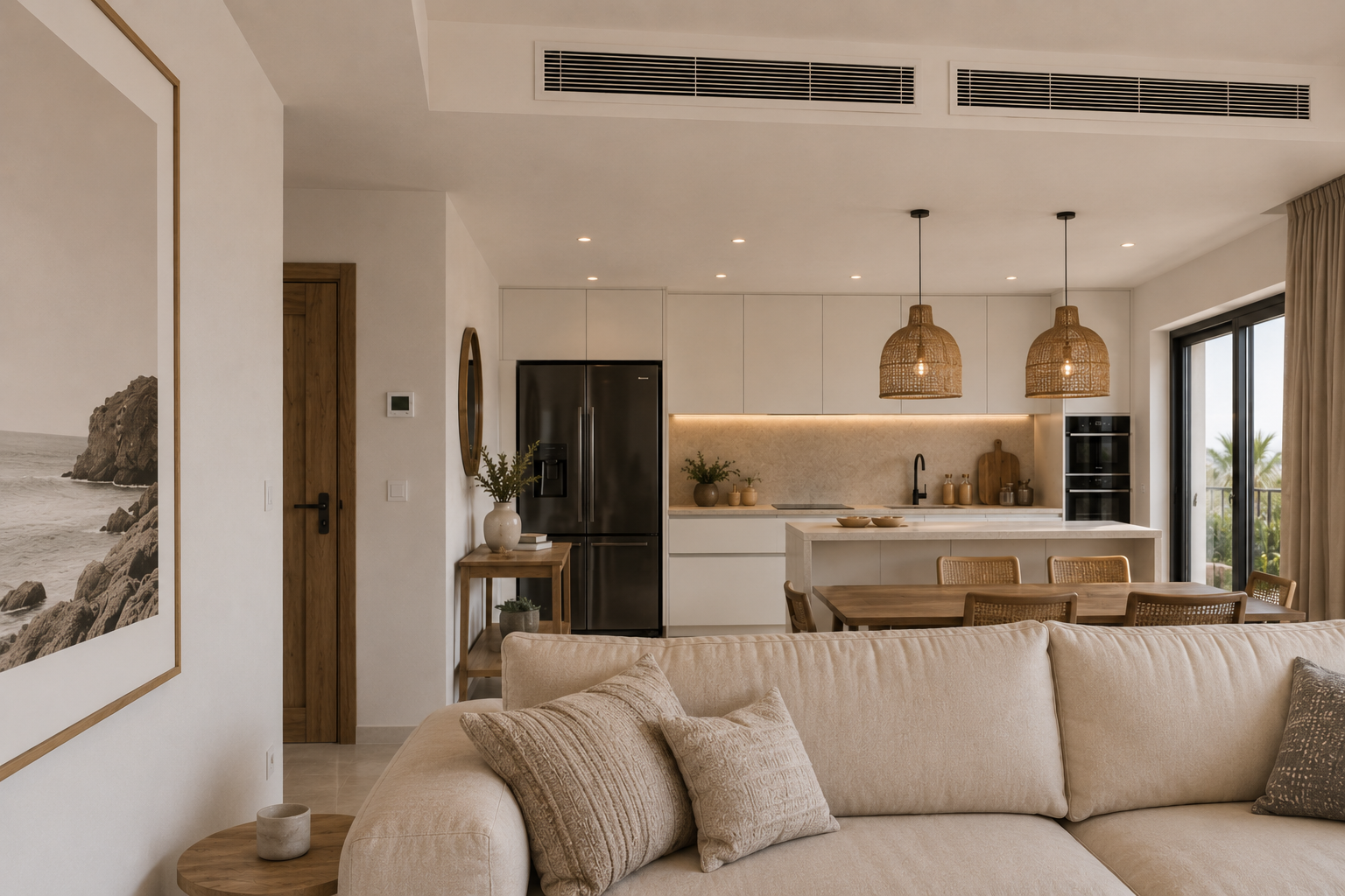 Open-concept living room and kitchen area with beige sofa, decorative pillows, wooden dining table, hanging wicker pendant lights, black refrigerator, and large sliding glass door with view of outdoor patio and lush greenery.