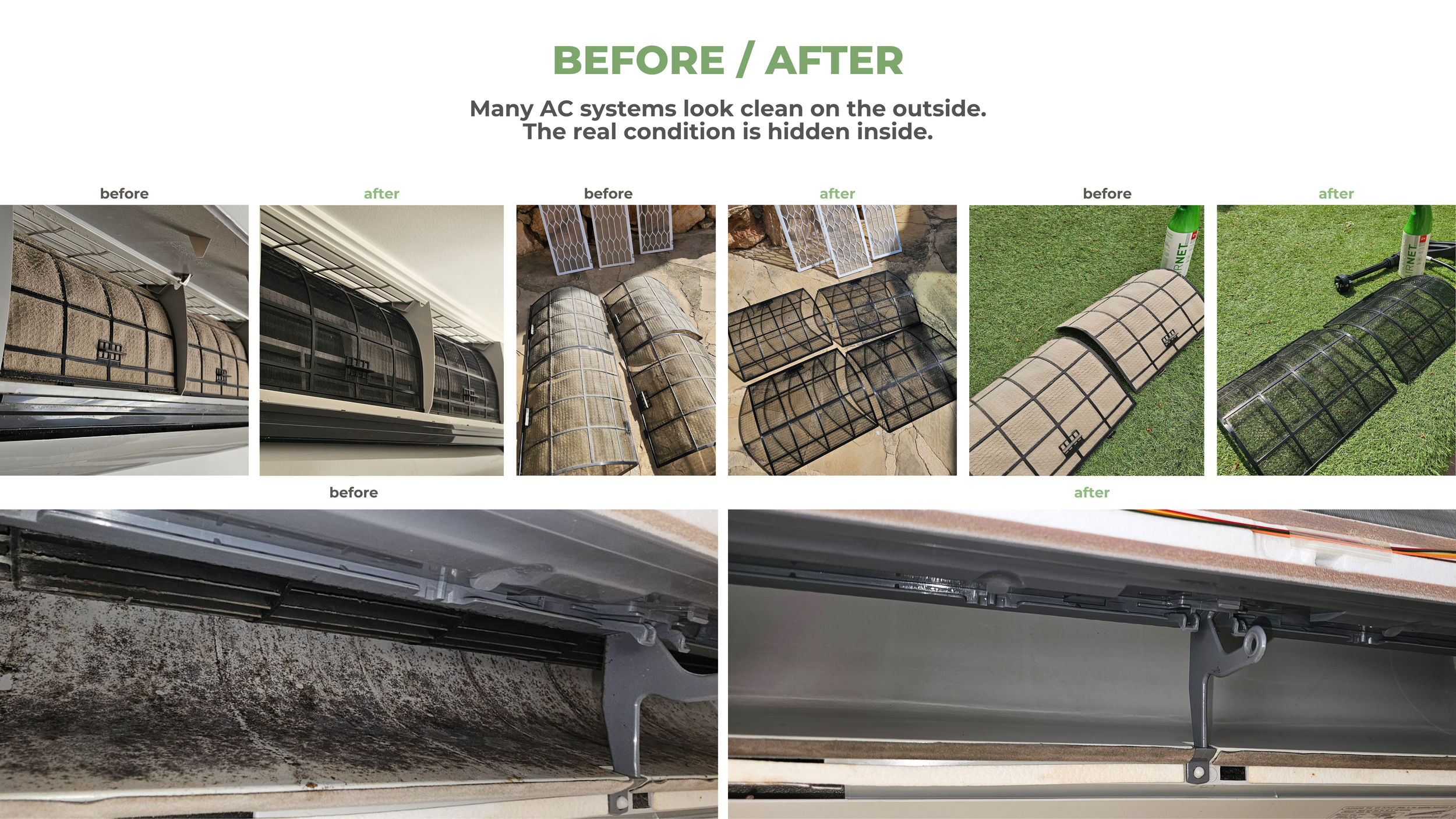 Comparison of air conditioner filters and grilles before and after cleaning or replacement.