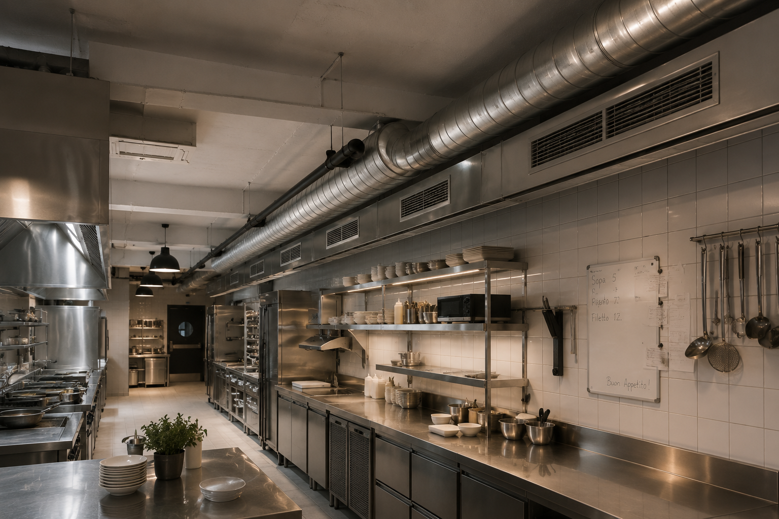 A commercial kitchen with stainless steel counters, shelves, and appliances, hanging ladles, and a whiteboard with menu items.