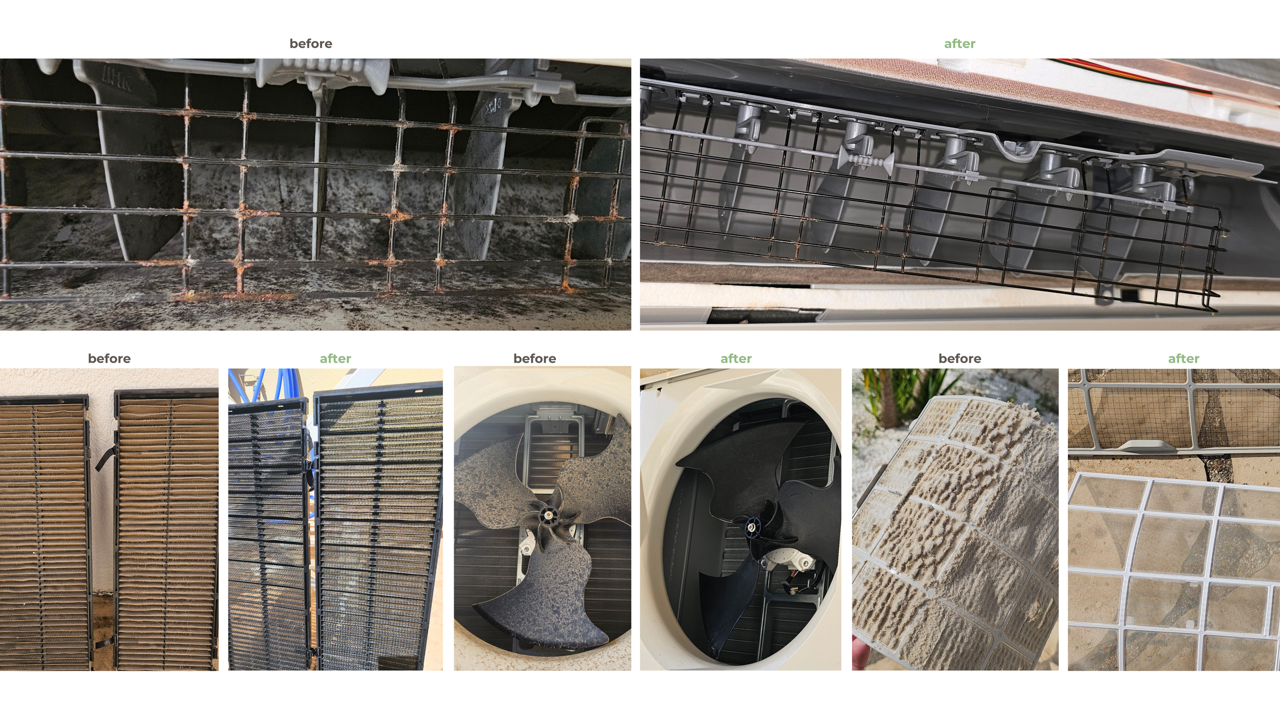 Side-by-side comparison of dirty and cleaned dishwasher filter and elements, showing cleaning before and after images.