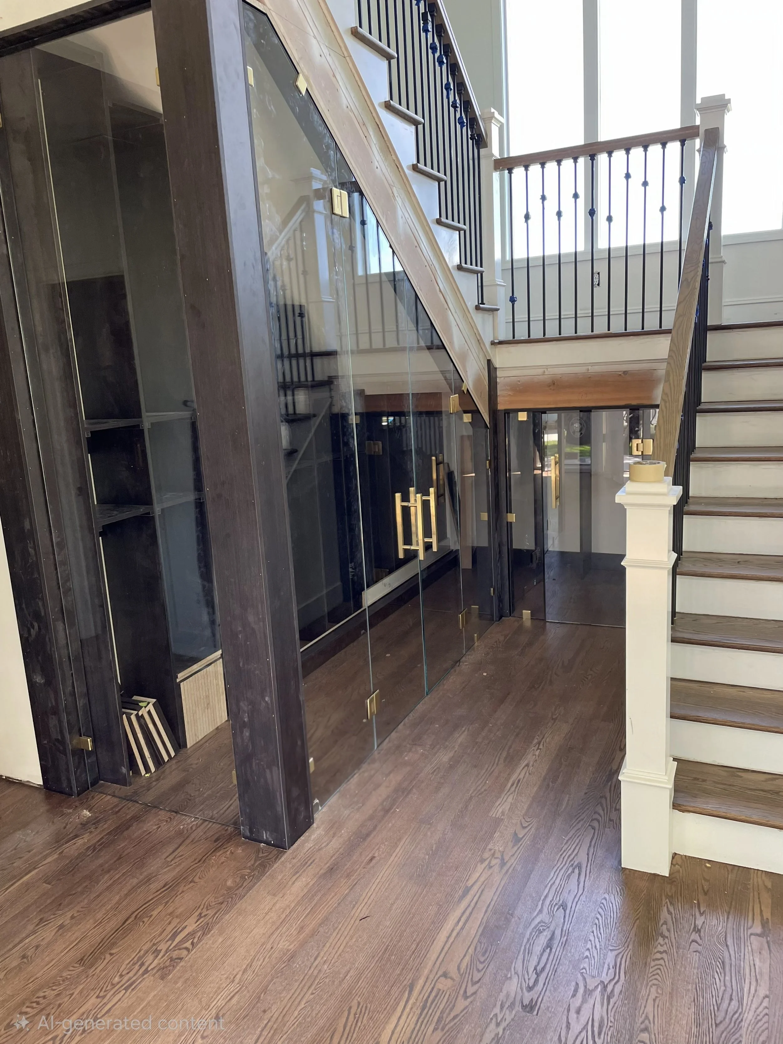 Interior view of a house with a staircase, glass-fronted shelving or storage unit, and hardwood flooring.