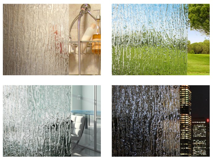 Water droplets on glass in various settings, including a shower, a window in a park, an office, and a cityscape at night.