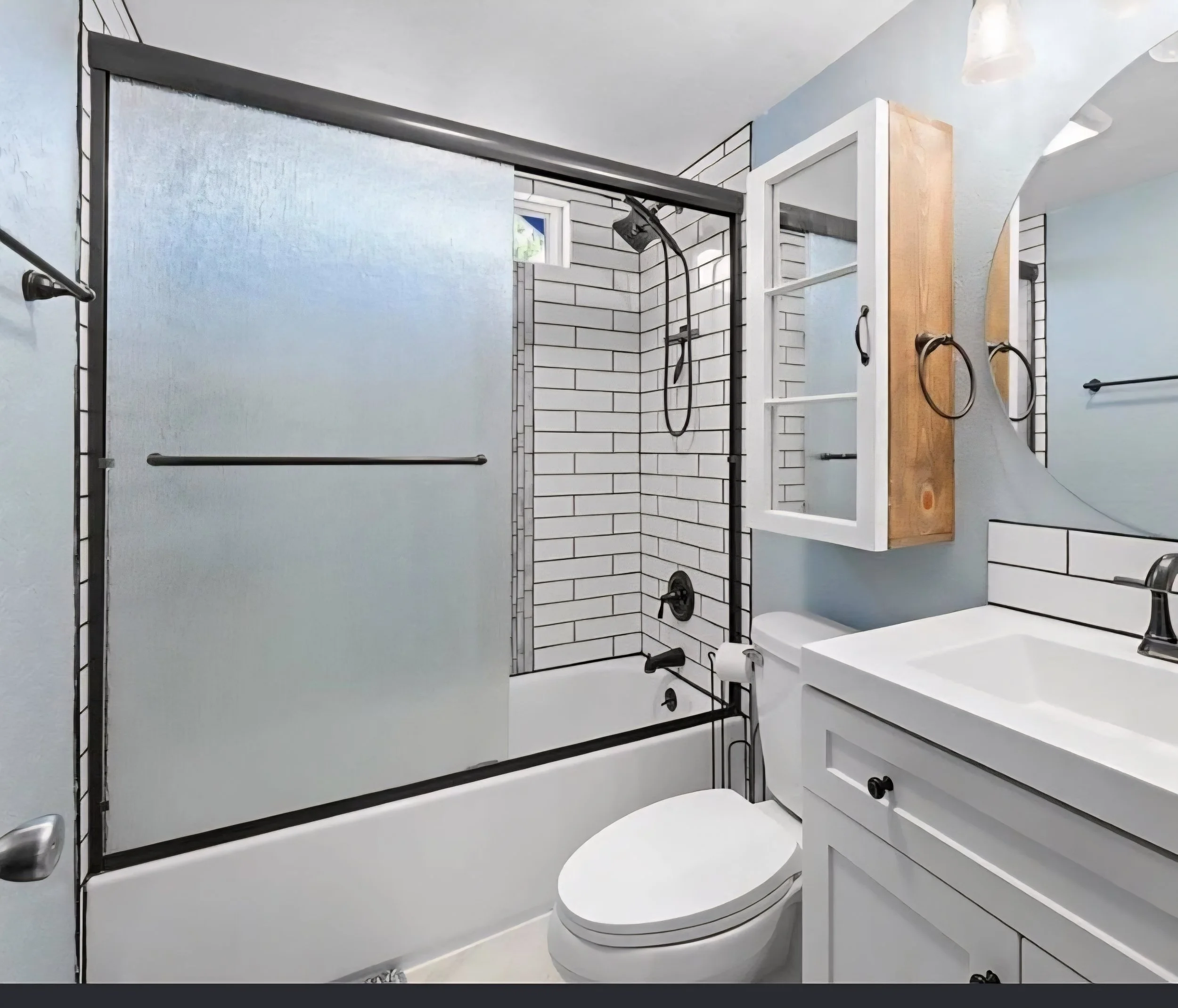 A small bathroom with a white vanity, black faucet, and a round mirror, a tile shower with black framing, frosted glass shower doors, and a small window in the shower.