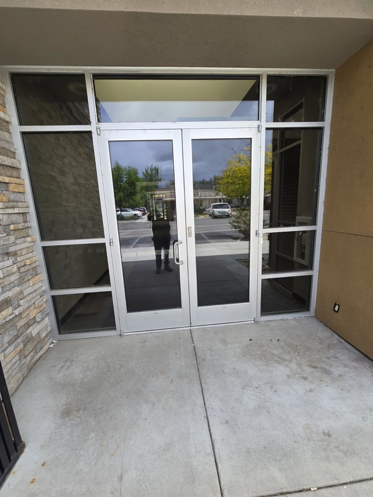 clear anodized. silver storefront. pair of doors. offset pivots.