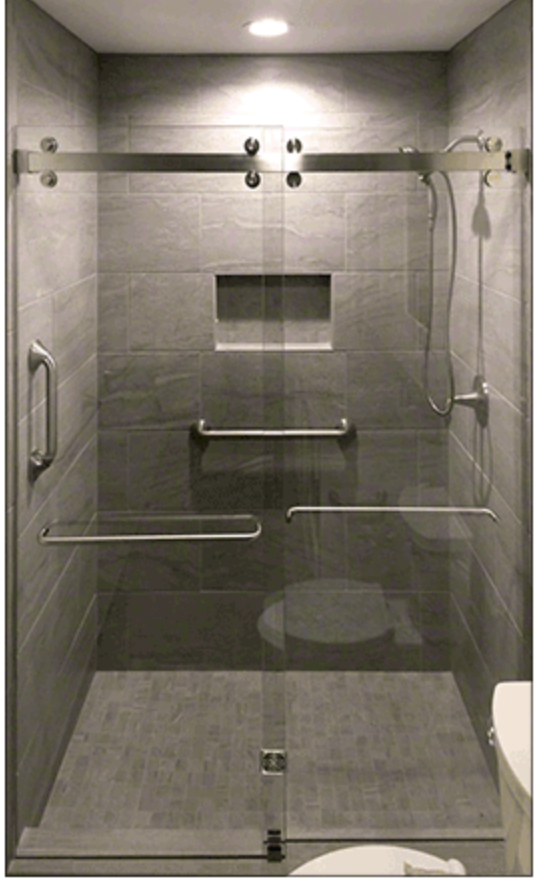 Double sliding barn door shower. brushed nickel hardware